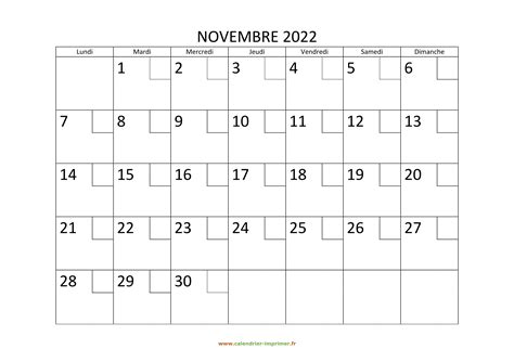 Calendrier Novembre 2022 à Imprimer