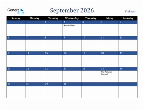 September 2026 Vietnam Holiday Calendar