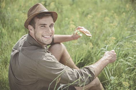 Delighted Guy Is Eating Outdoors Stock Image Image Of Field Caucasian 113760155