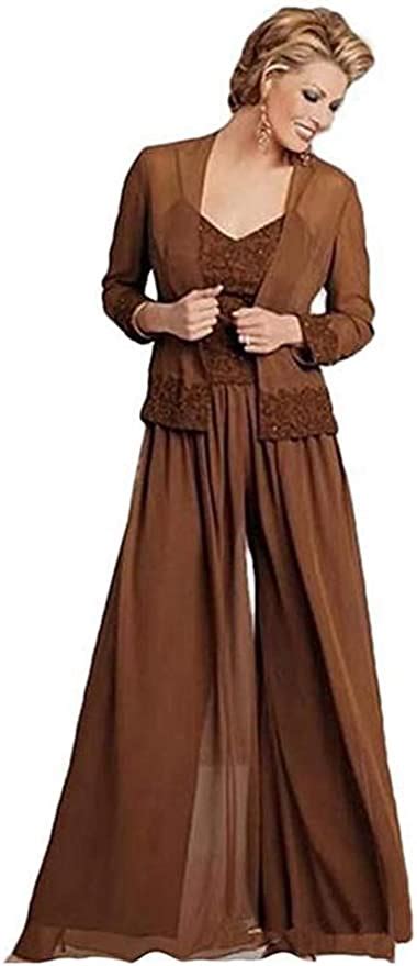 Womens Brown 3 Pieces Elegant Mother Of The Bride Pant
