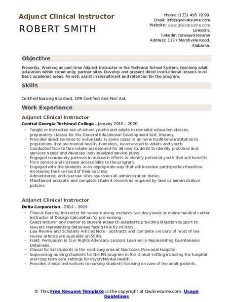 Contact that person and express interest in part time work. Adjunct Clinical Instructor Resume Samples | QwikResume