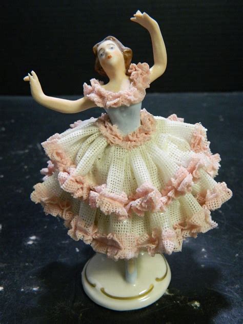 Vintage Dresden Porcelain Lace Ballerina Figurine Pink Blue And White 4