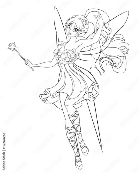 Beautiful Flying Fairy With Magic Wand Line Art Coloring Page Vector