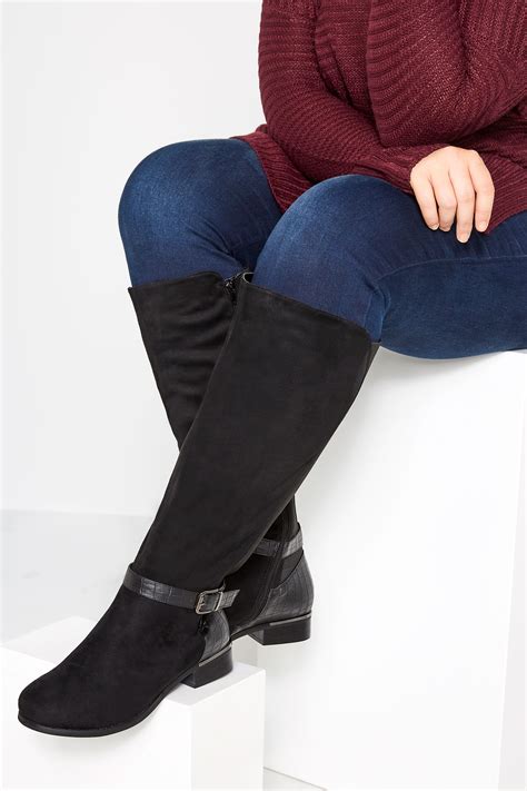 Black Stretch Vegan Suede Knee High Boots In Extra Wide Fit Yours