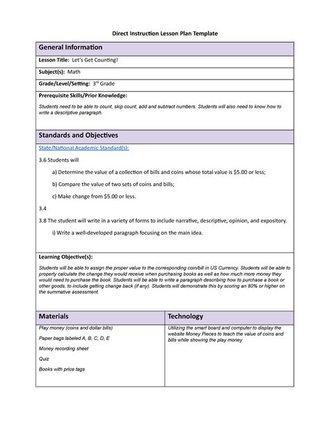 C109 Task 1 Assignment Direct Instruction Lesson Plan Template