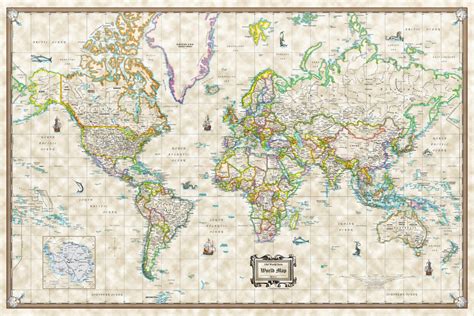 Old World Style Modern World Wall Map Antique Poster