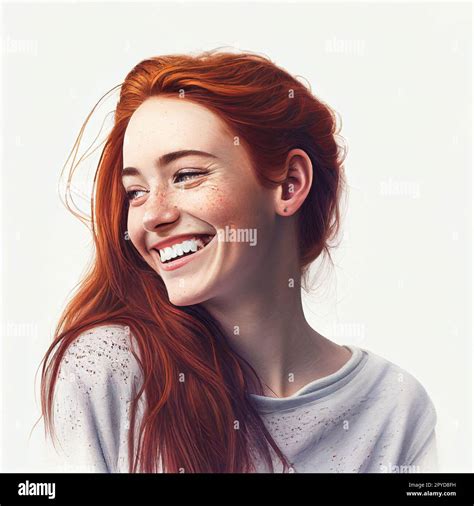 Pretty Cheerful Redhead Girl Smiling Laughing Looking At Camera Over White Background Stock