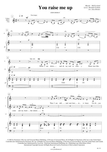 You Raise Me Up Arr Jetse Bremer Sheet Music Josh Groban And The