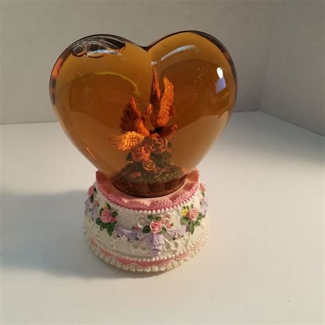 Heart Shaped Musical Snow Globe Plays Love Story Lovebirds Flowers See