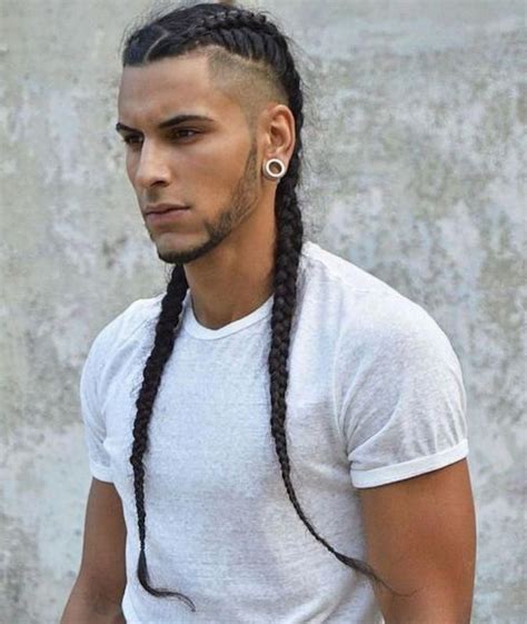 Mens Braided Styles Long Hair Braided In Two Pig Tails And Left