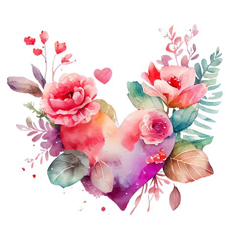 Watercolor Pink Love Heart With Beautiful Flowers For Valentines Day