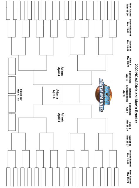 2020 Ncaa Mens Printable Bracket March Madness