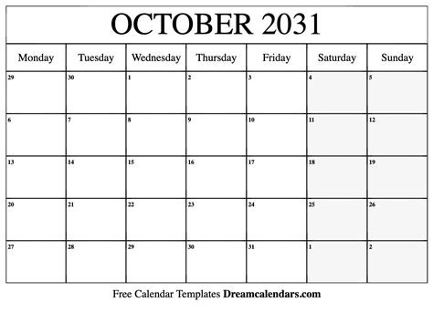 October 2031 Calendar Free Blank Printable With Holidays