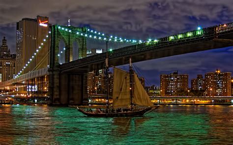 Download New York Building Bridge Cityscape Sailboat Light Night Man