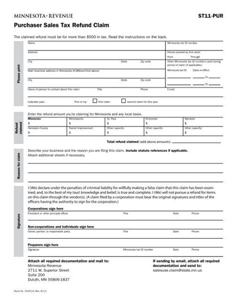 Form St11 Pur Purchaser Sales Tax Refund Claim Minnesota