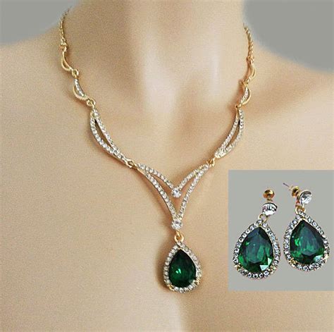 Green Rhinestone Necklace Emerald Jewelry Set Green Bridal Jewelry