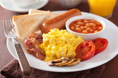 Full English Breakfast With Scrambled Eggs Bacon Sausage Bean Stock