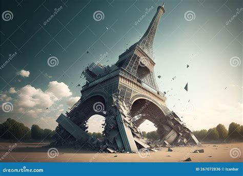 Tour Eiffel Falling Down Destroyed Illustration Generative Ai Stock