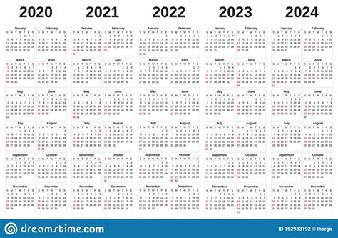 2020 2024 Annual Calendar With White Background Stock Illustration
