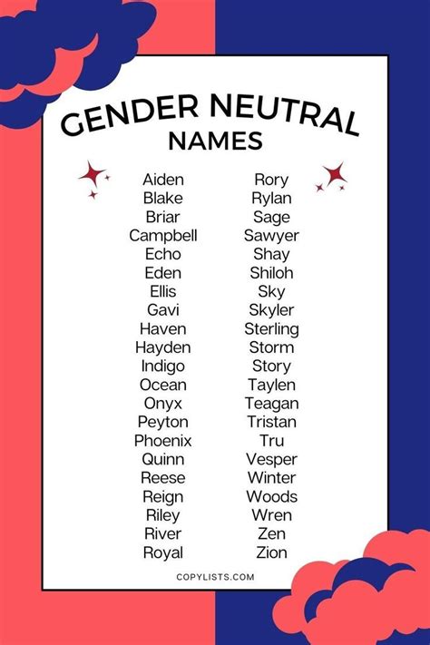 list of gender neutral names to print or download gender neutral names best character names