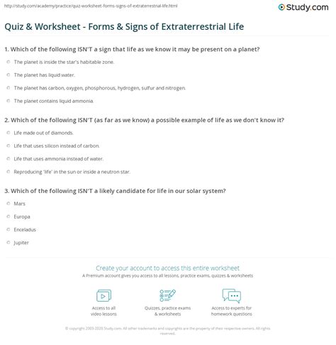 Quiz And Worksheet Forms And Signs Of Extraterrestrial Life
