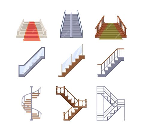 Premium Vector Staircases Wooden And Metal Ladders With Handrails