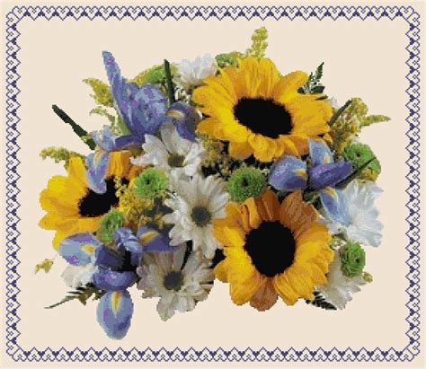 FLORAL BOUQUET 7 Sunflowers Daisys With Border And Iris Etsy