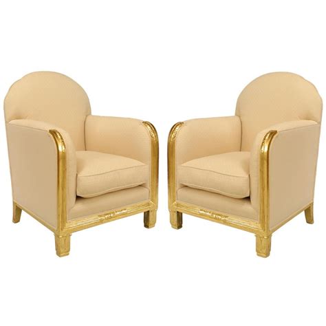 Maurice Dufrene Pair Of French Art Deco Gilt Club Chairs For Sale At