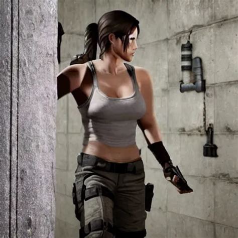 Lara Croft Stands Wearing Torn And Burned Clothes Stable Diffusion