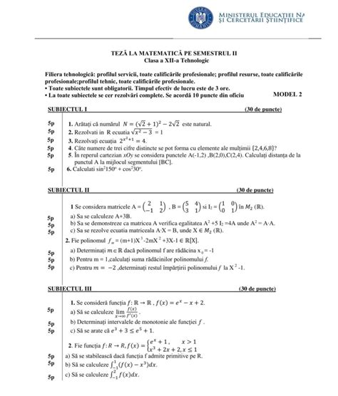 Clasa A 12 A M2 Tehnologic Modele De Teza La Matematica Semestrul Al