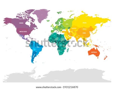 Colorful Political Map Of World Different Colour Shade Of Each