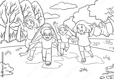 Fototapeta Kids Coloring Pages With Kids Playing Outside Together Black