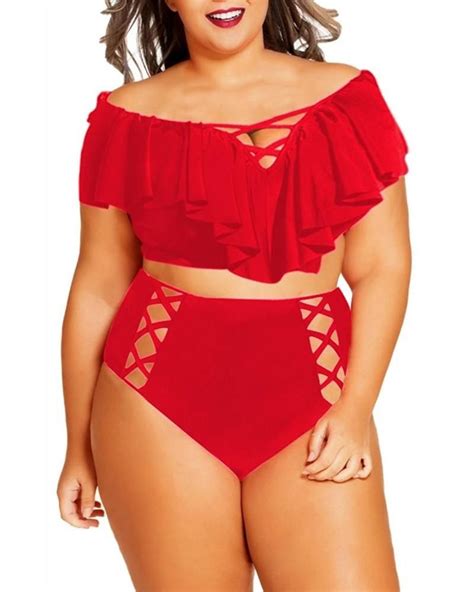 women s plus size off the shoulder ruffles high waist bikini sets swimsuit red c917azkiknn