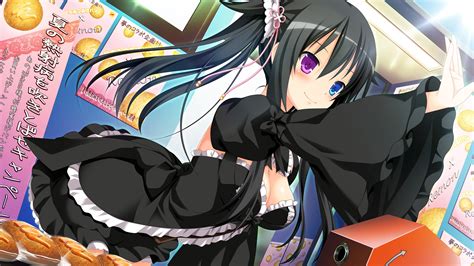 3rd Eye Bicolored Eyes Black Hair Breasts Cleavage Dress Game Cg Gensou No Idea Long Hair Sakaki