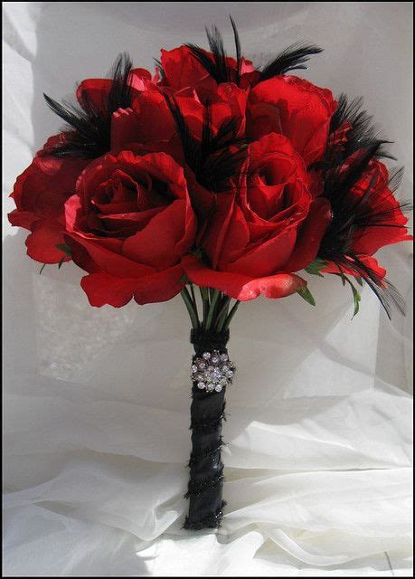 Elegant Red Rose And Black Feather Scented Bridal Bouquet Silk