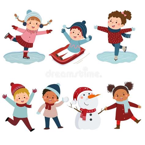 Collection Of Happy Kids Playing Snow In Winter Stock Photography In