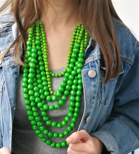 Green Statement Necklace Large Long Wooden Bead Necklace Etsy