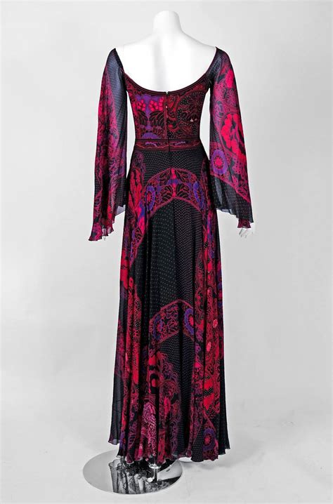 1970 s leonard fuchsia pink and black print silk angel sleeve maxi dress gown for sale at 1stdibs
