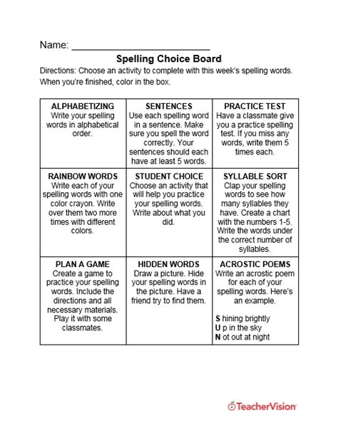 Spelling Choice Board Grades 1 5 Teachervision