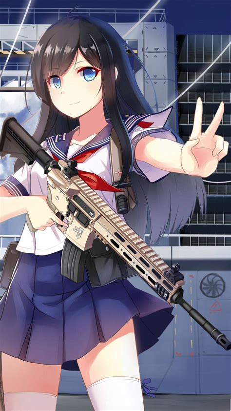 Download Asashio Cute Anime Girl Iphone With Gun Wallpaper