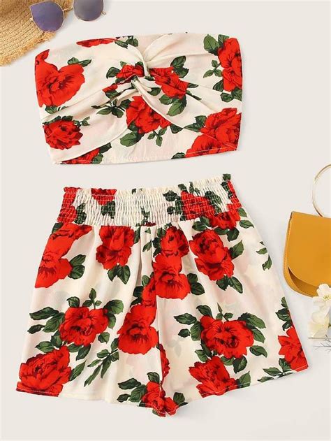Shein Floral Print Twist Front Tube Top With Shorts Teen Fashion Outfits Pop Fashion Fashion