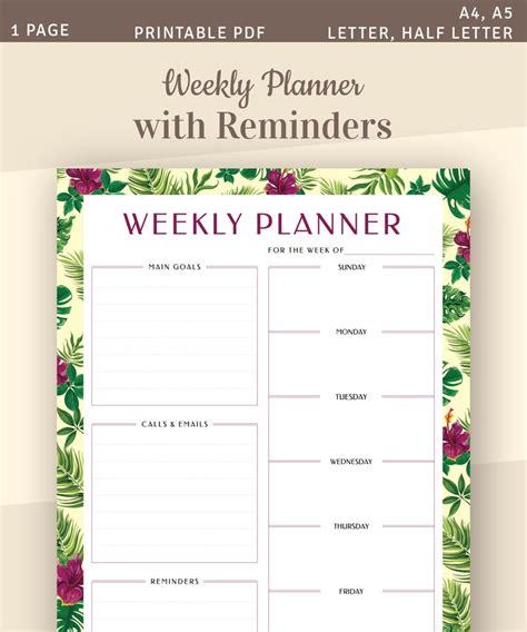 Weekly Planner With Reminders Undated Weekly Agenda Template Etsy