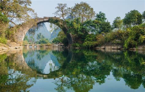 Wallpaper Trees Bridge Lake Reflection Round Arch Images For