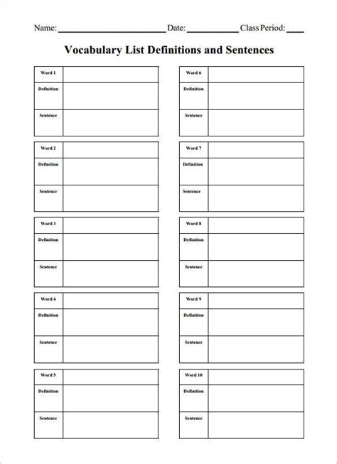 8 Blank Vocabulary Worksheet Templates Word Pdf Free