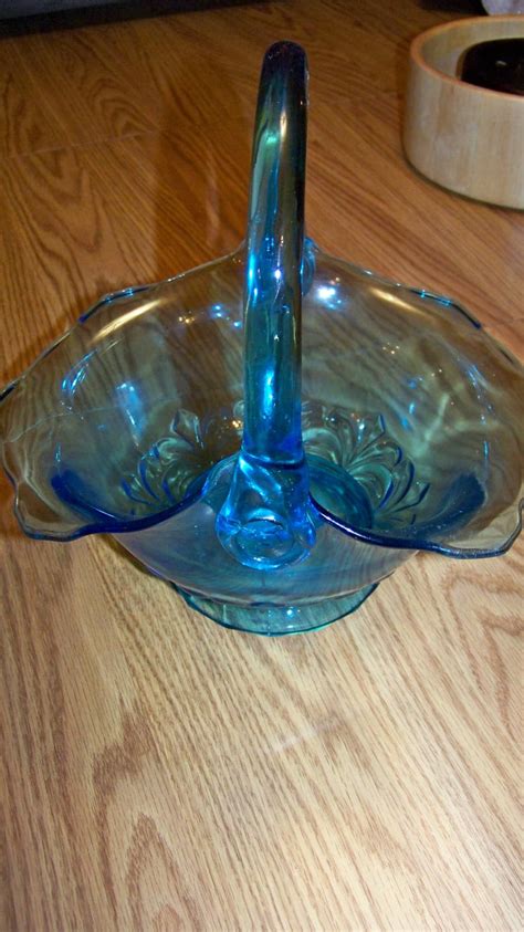 Vintage Large Blue Glass Basket With Blue Glass Handle By Pohlmans