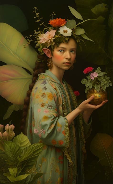A Painting Of A Woman With Flowers In Her Hair Holding A Pot Filled
