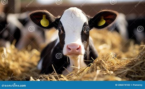 Close Up View Of Holstein Calf Lying In Straw Inside Dairy Farm