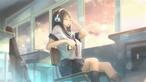 Wallpaper Anime Girl School Uniform Headphones Classroom Clouds