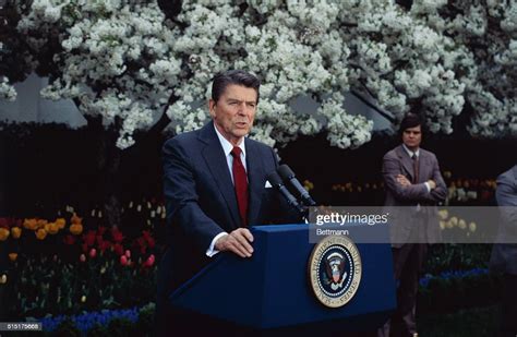President Reagan In A Meeting With Reporters In The Rose Garden Of