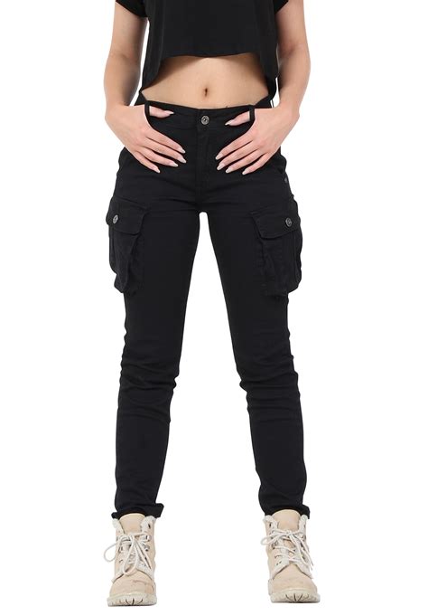 new womens black slim skinny stretch combat pants cargo trousers jeans short leg
